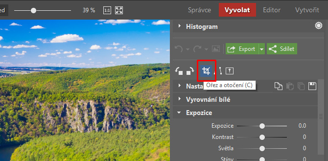 1) V module Vyvolať vyberte nástroj Orez a otočenie